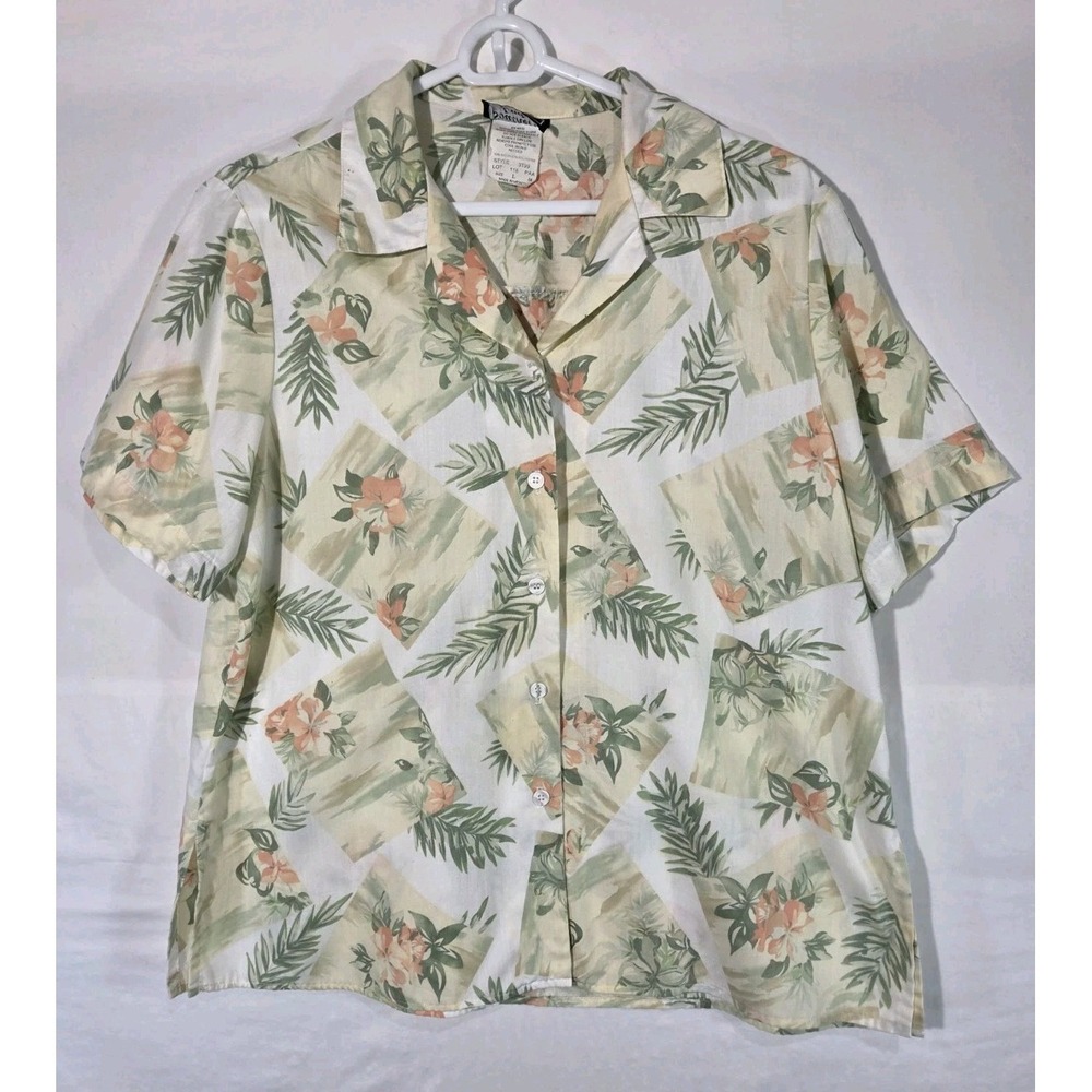 Southern Lady Button Up Camp Top Tropical Palm Coastal Grandma Pastel Sz Large